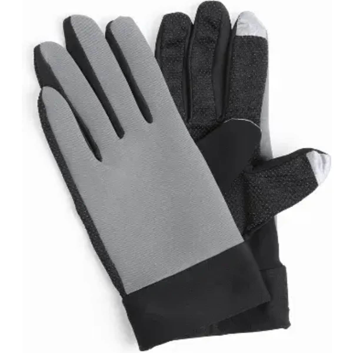 A pair of grey and black gloves with textured fingertips and a snug fit on the wrists.