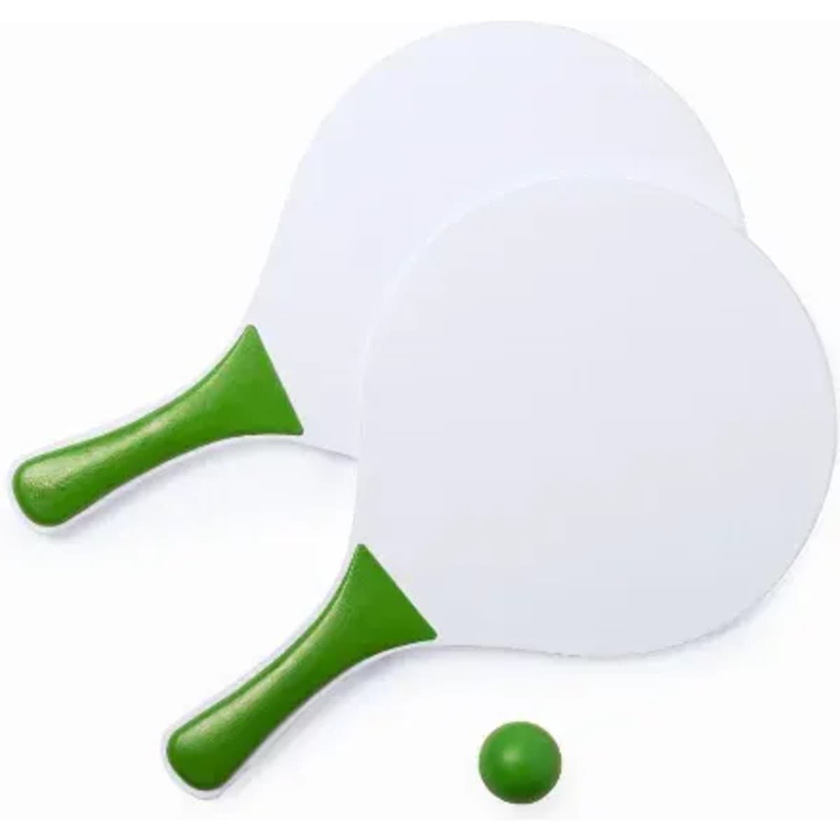 A set of two white paddle bats with green handles and a green ball. The paddles are round and smooth.
