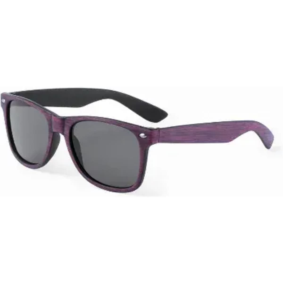 A pair of sunglasses with purple wooden frames and black arms, featuring dark lenses and a logo on the side.