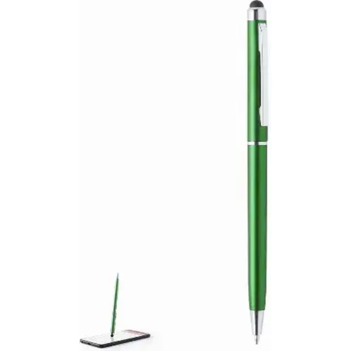 A green pen with silver detailing, displayed alongside its stand. The pen features a sleek design.