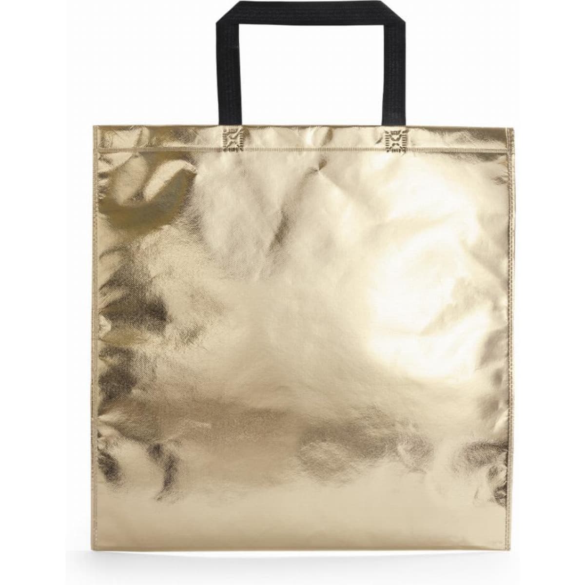 A golden tote bag with a shiny metallic finish and black handles.