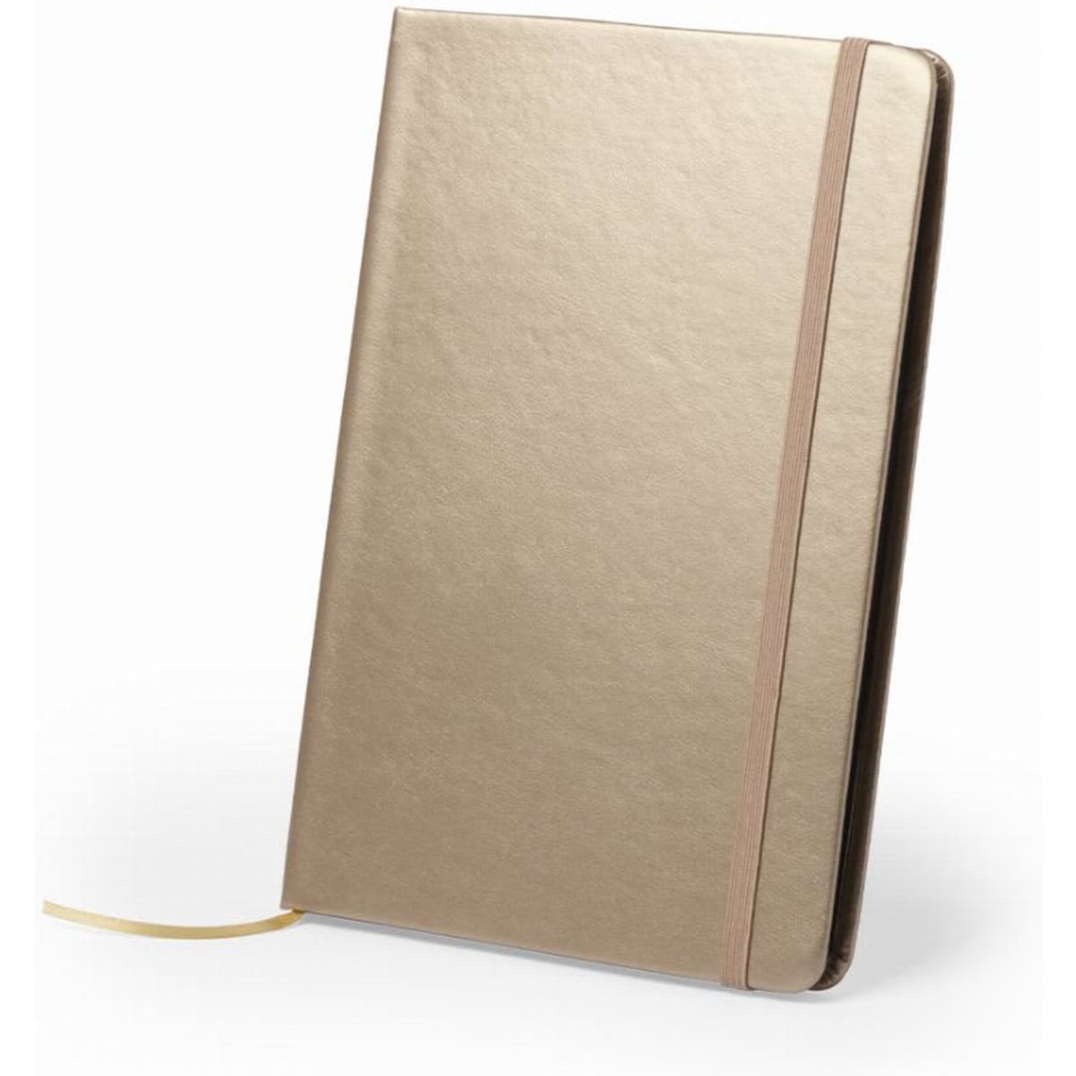 A gold notebook with a smooth finish, an elastic closure, and a ribbon bookmark. It has a minimalist design.