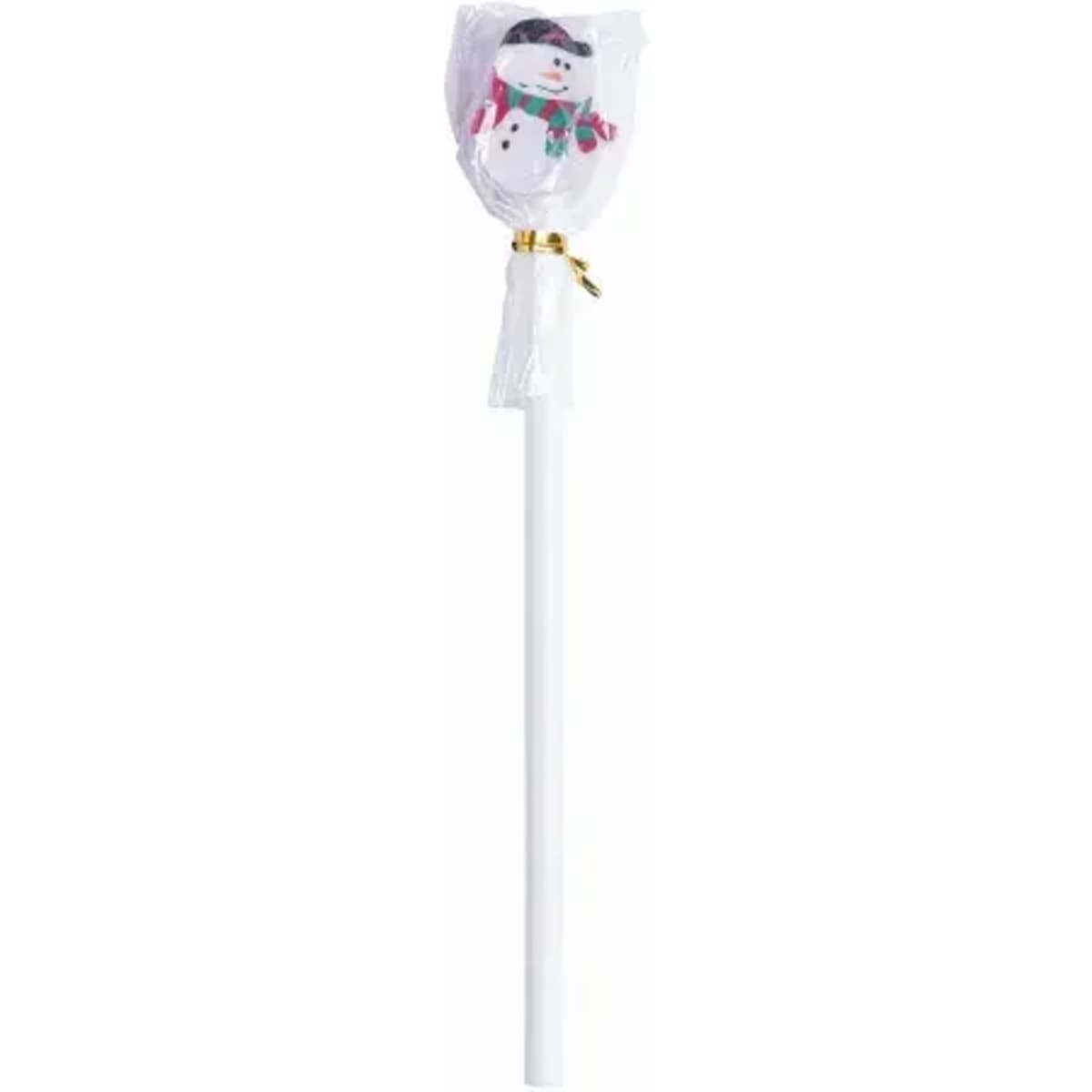 A lollipop with a snowman design, featuring a white stick and wrapped in clear plastic.