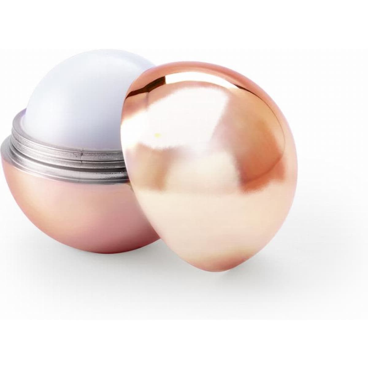 A shiny, rose gold round container with a silver interior, partially opened, resembling an egg shape.
