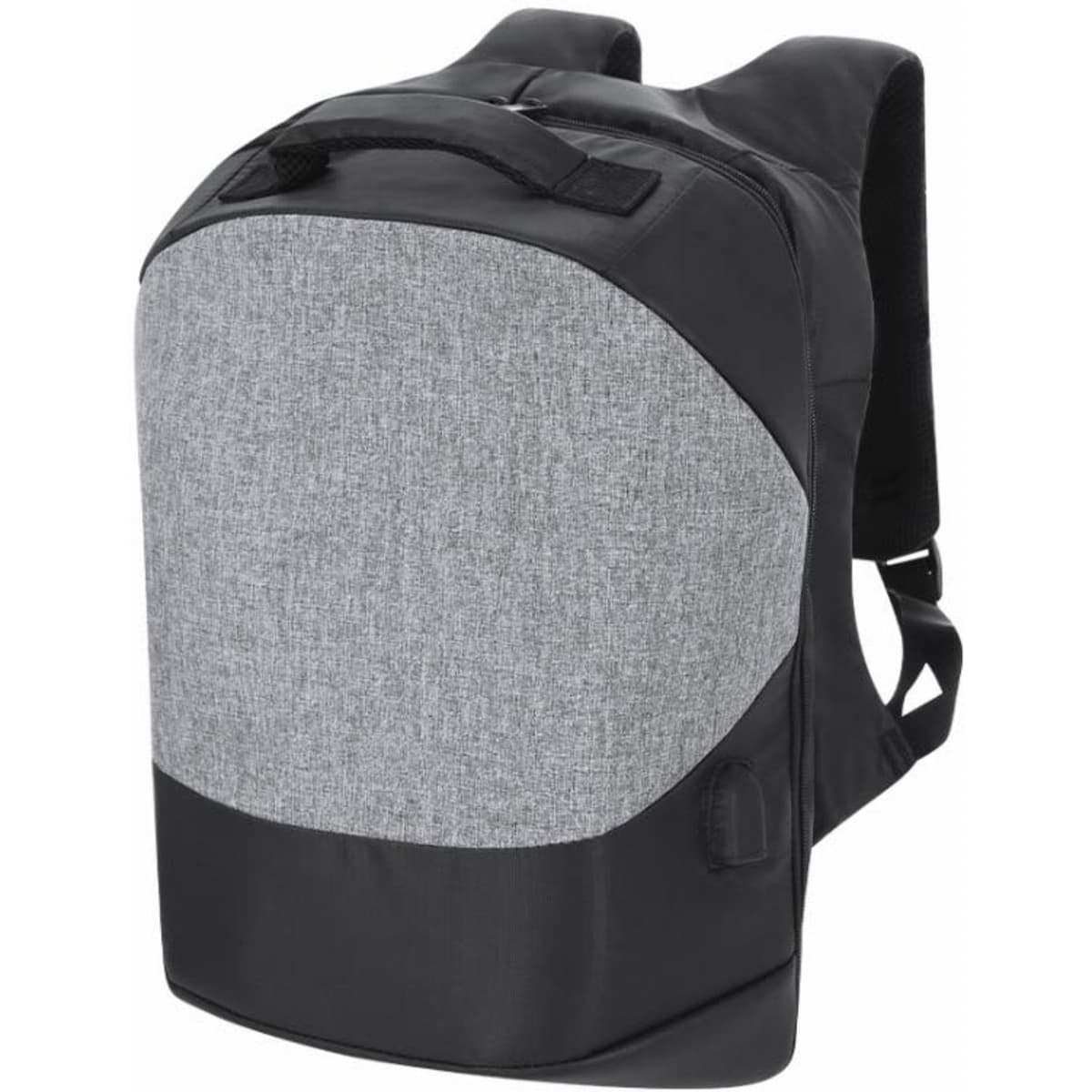A backpack featuring a grey fabric front and black bottom, with adjustable straps and a top handle. It has a logo.
