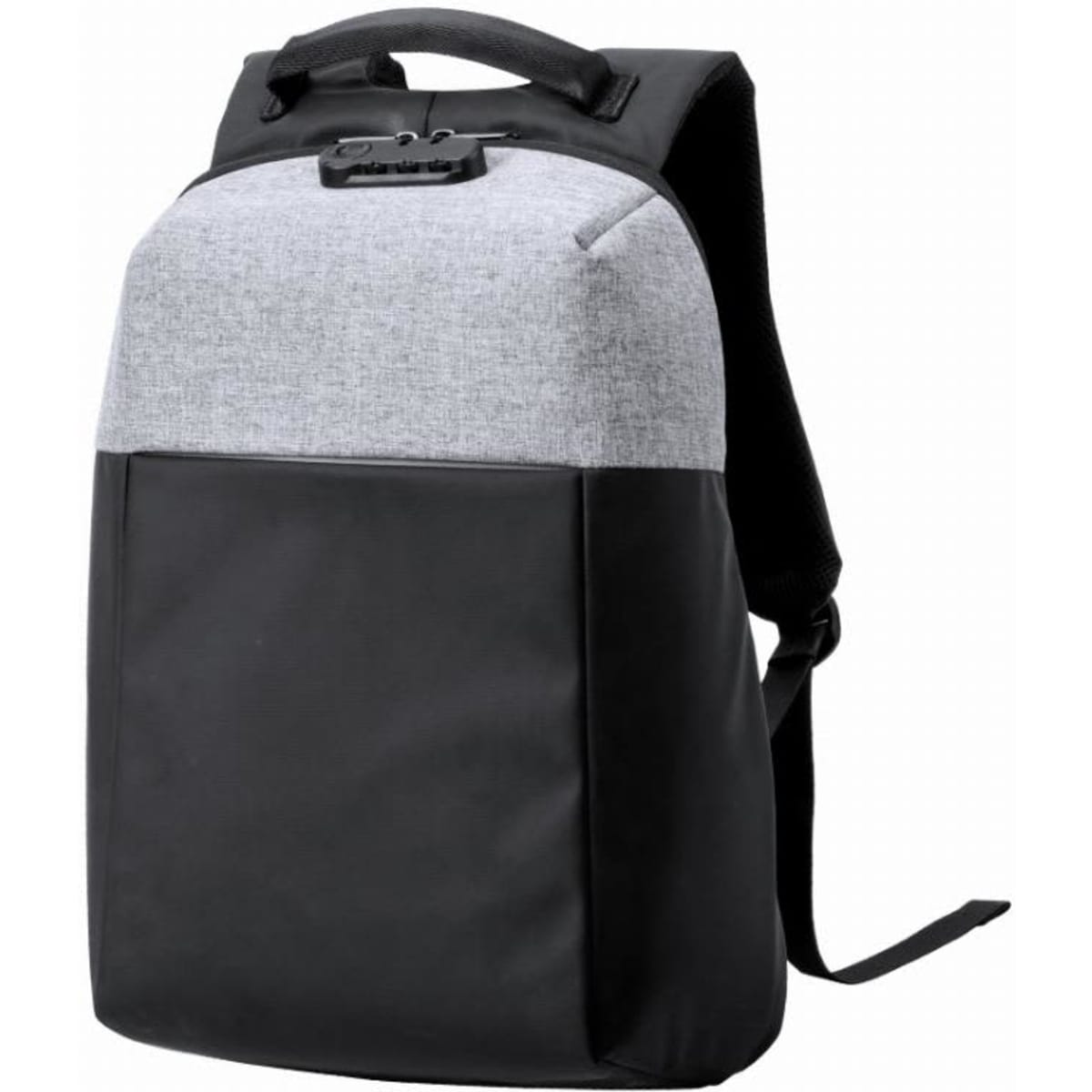 A backpack featuring a grey top and black bottom, with a sturdy handle and padded straps. It has a logo.