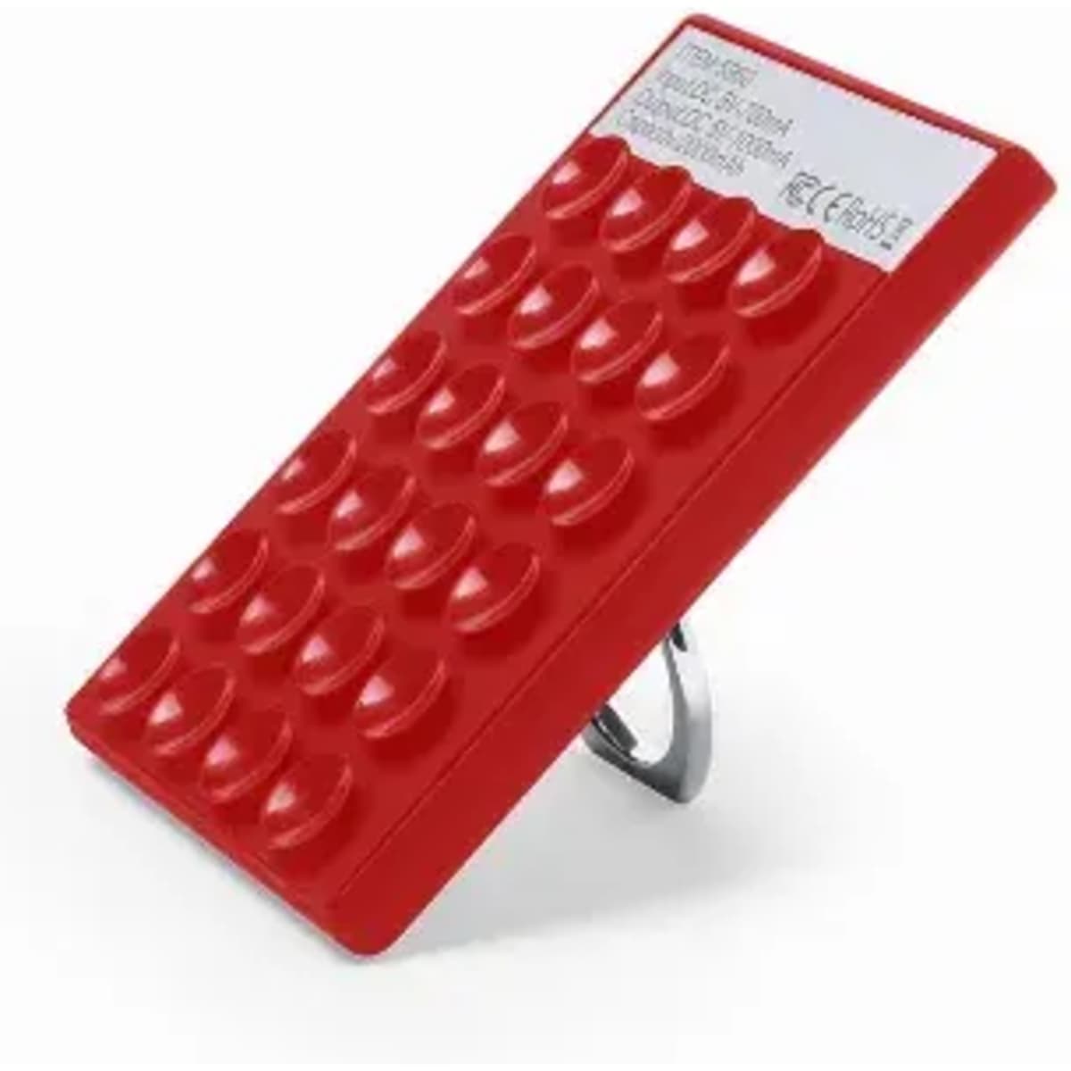A red phone stand with a textured surface and a metallic ring on the back for support. It features a logo.