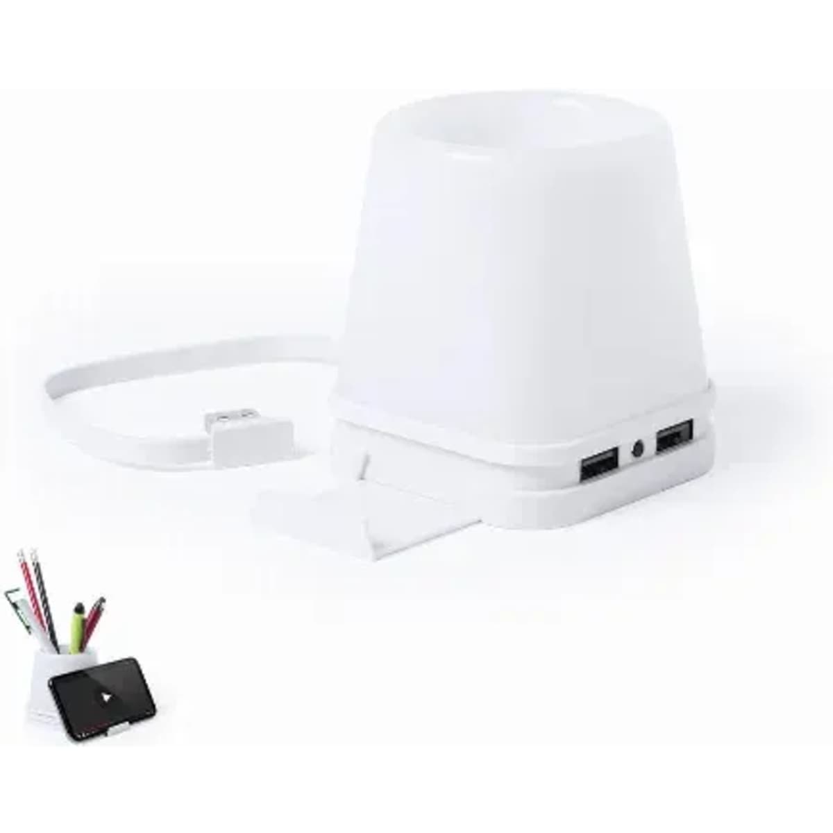 A desk organiser in white, featuring multiple compartments and USB ports for charging devices.