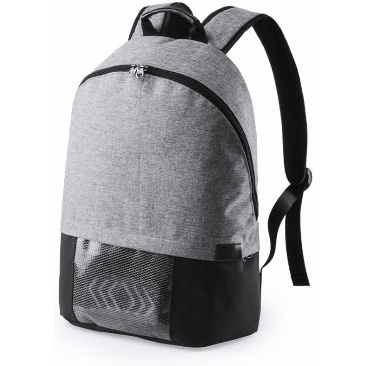 A grey backpack with a black base and mesh pocket, featuring adjustable shoulder straps and a zippered closure.