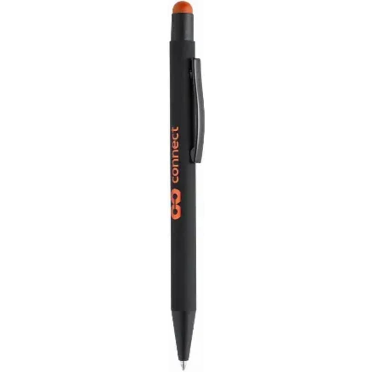 A black pen with an orange accent and a clip, featuring a branding logo.