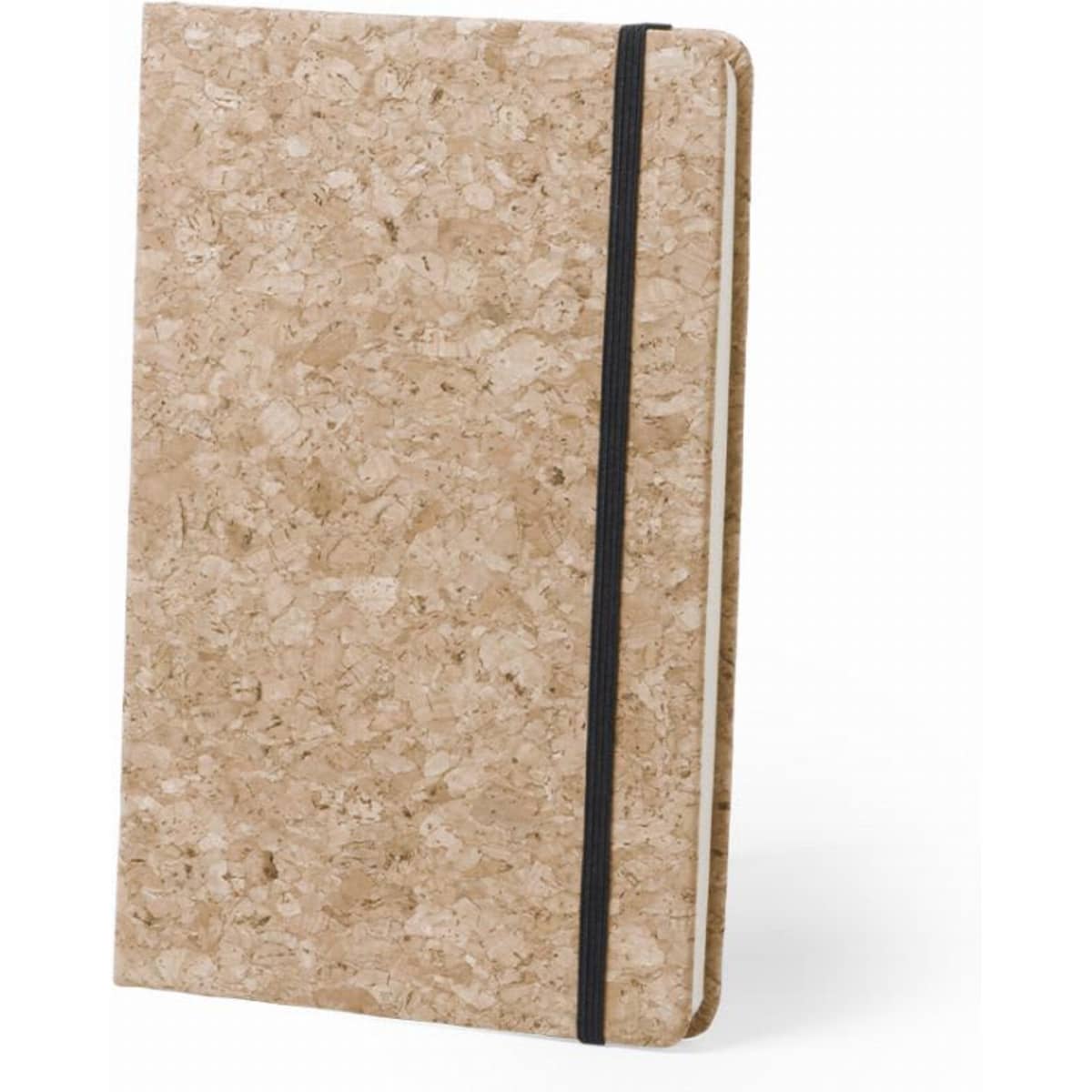 A notebook with a cork cover and a black elastic band. Features a plain design.