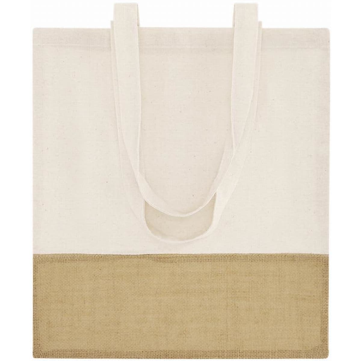 A tote bag featuring a cream upper section and a tan bottom portion, with two handles.