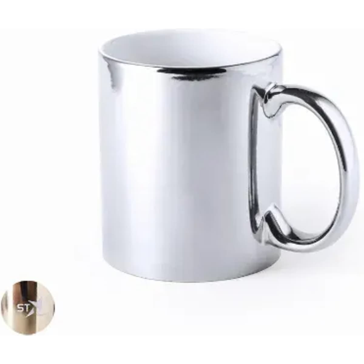 A drink mug with a shiny silver metallic finish and a curved handle, featuring a logo on the side.