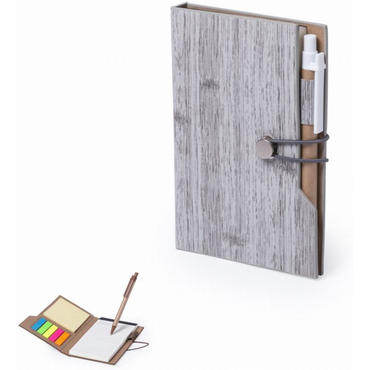 A notebook with a wood-grain design, featuring a pen, sticky notes, and a notepad inside. It includes a logo.