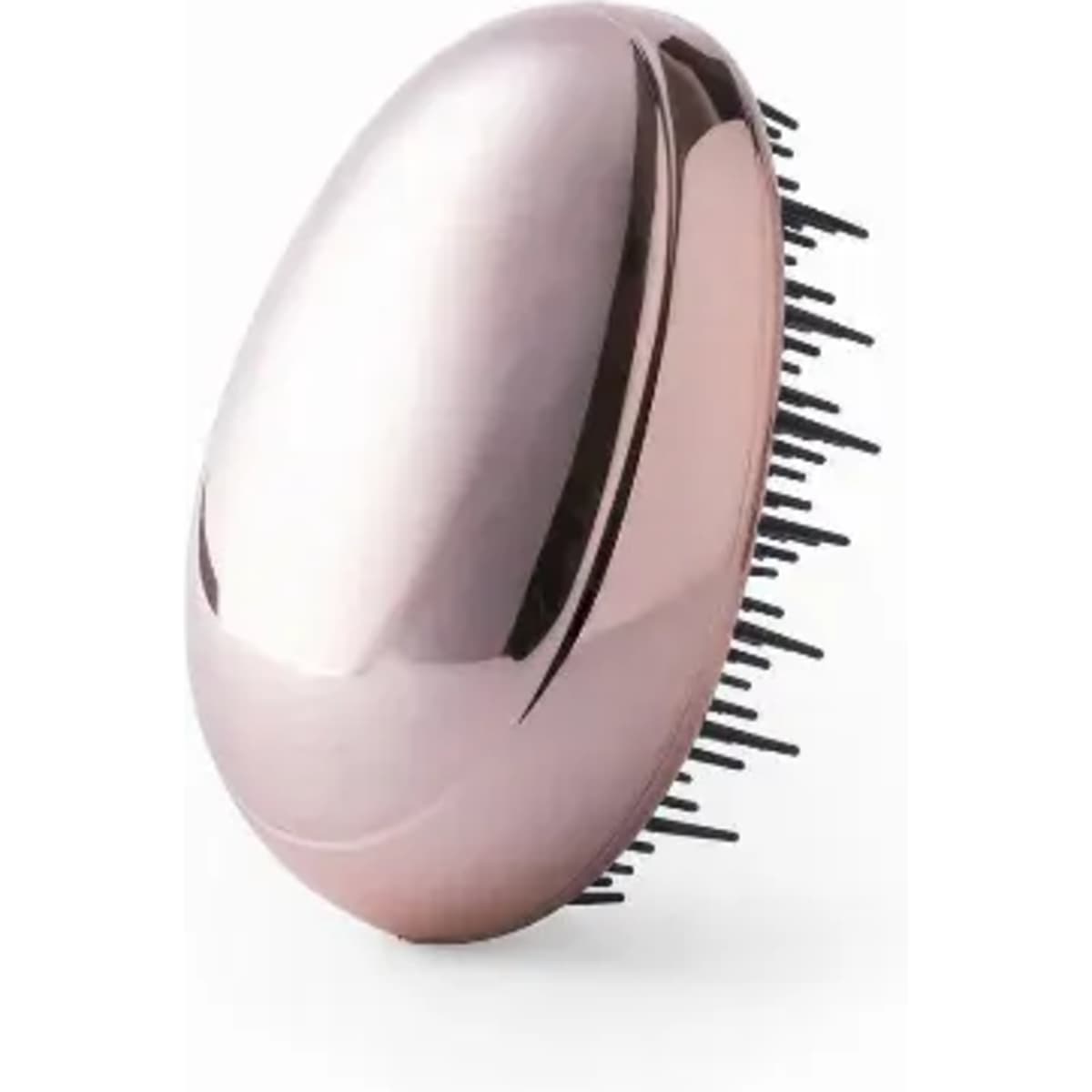 A hairbrush with a shiny rose gold finish and black bristles. The design is oval-shaped with no handles.