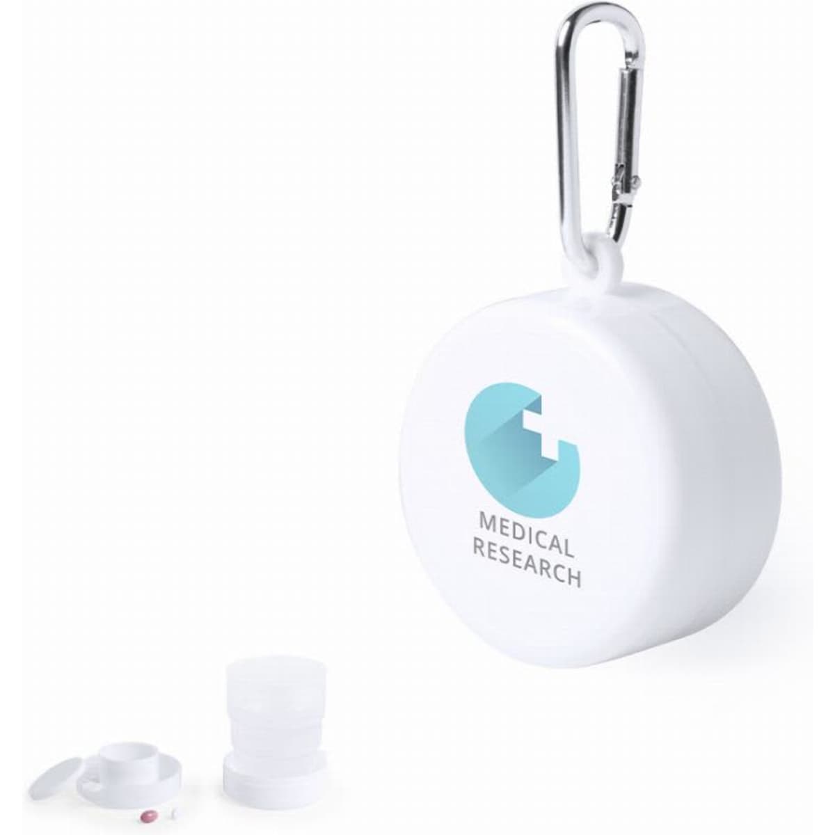 A white round container with a carabiner clip, featuring a logo and two removable caps.