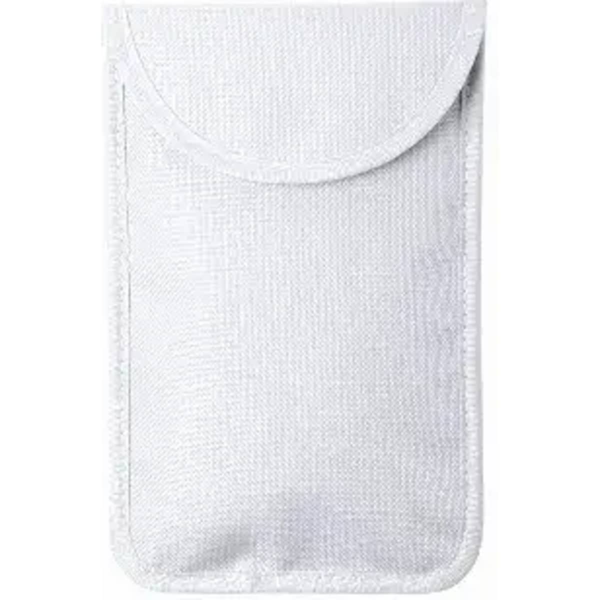 A white, fabric pouch with a flap closure and stitching detail, designed for storing small items or accessories.