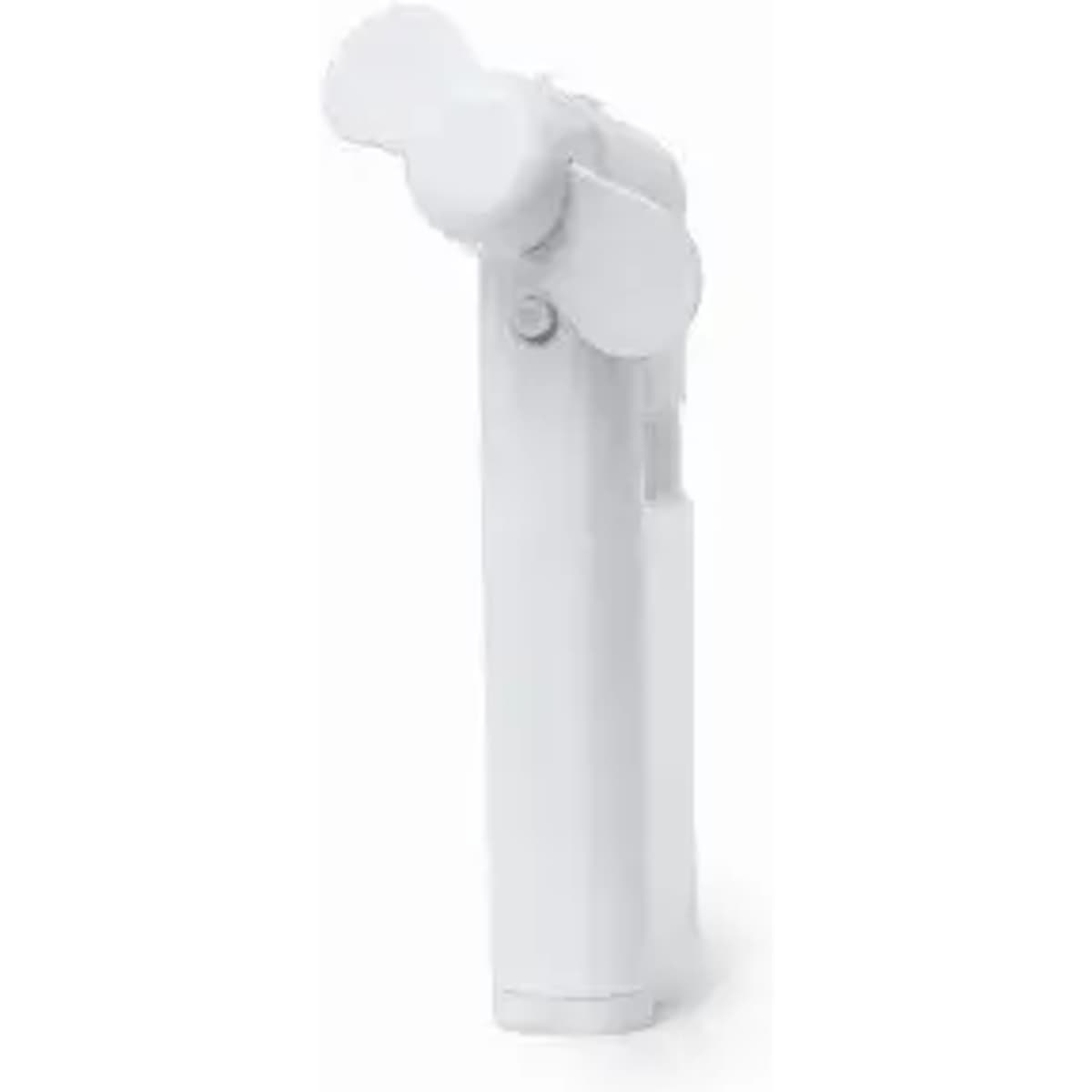 A portable fan in white, featuring a compact design with a two-blade rotating head and a built-in handle.