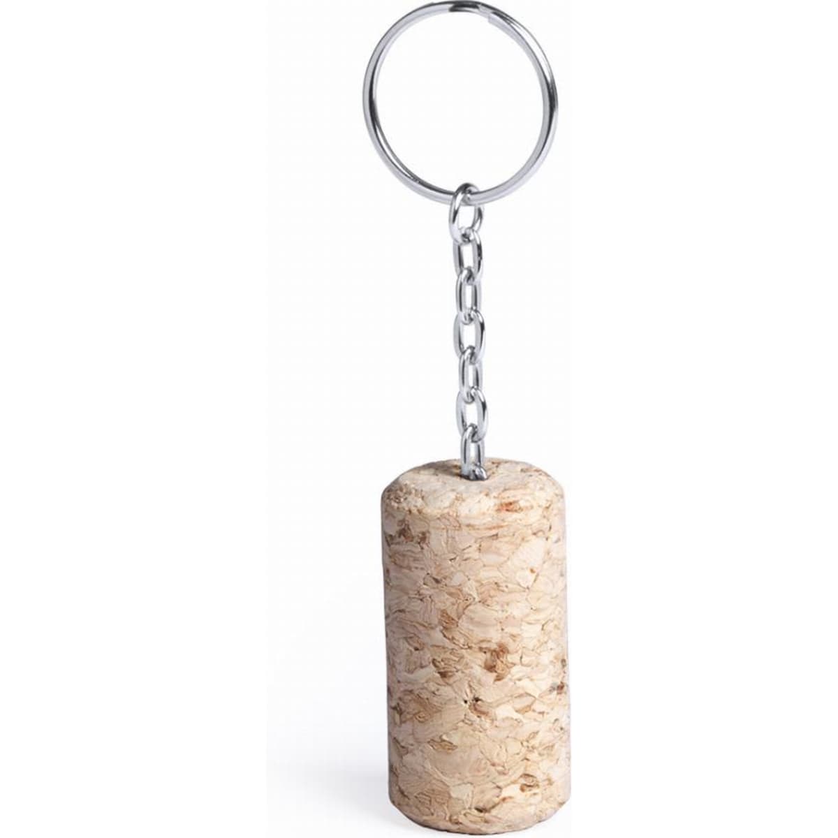 A cork keychain with a metal ring and chain, featuring a natural light brown colour.