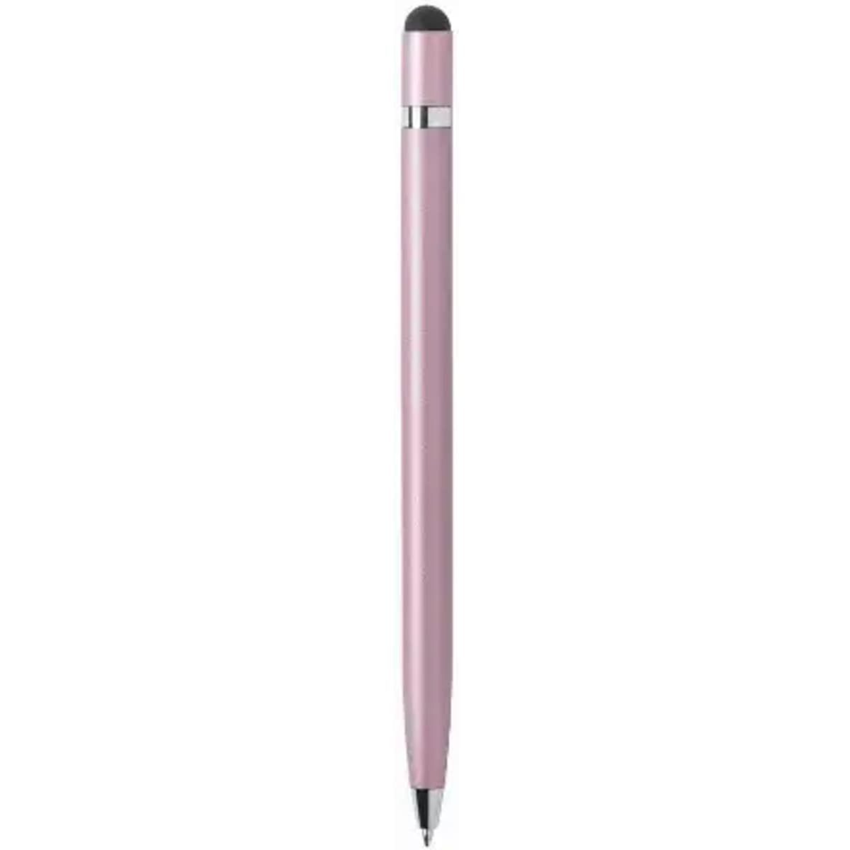 A pink stylus pen with a sleek design and a silver clip, featuring a dual function for touchscreens and writing.