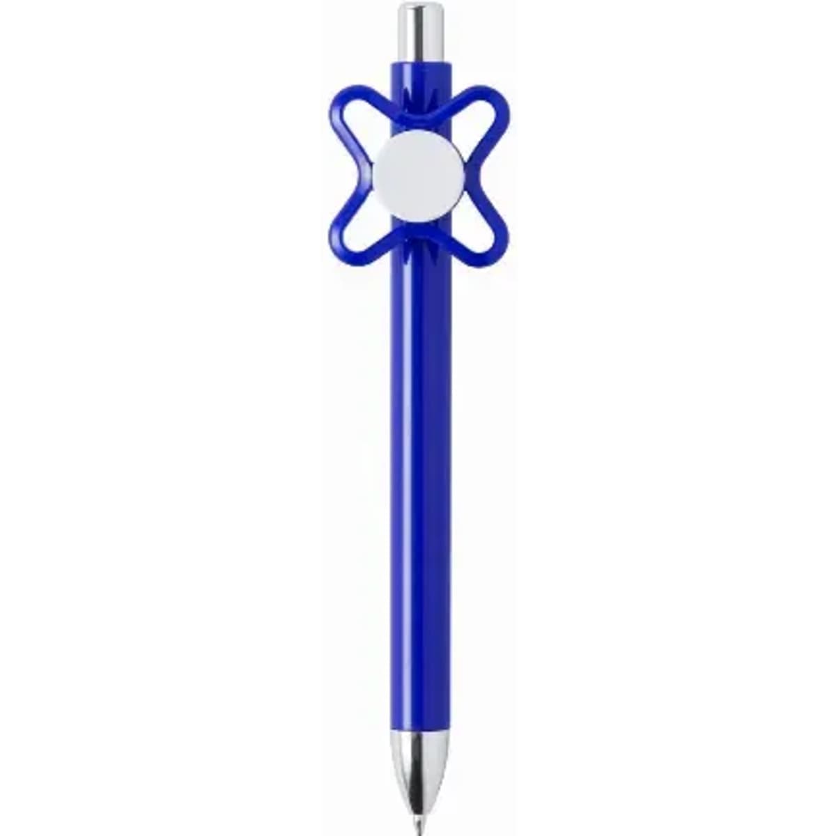 A blue pen with a distinctive flower-shaped grip and a silver tip. It features a logo on its body.