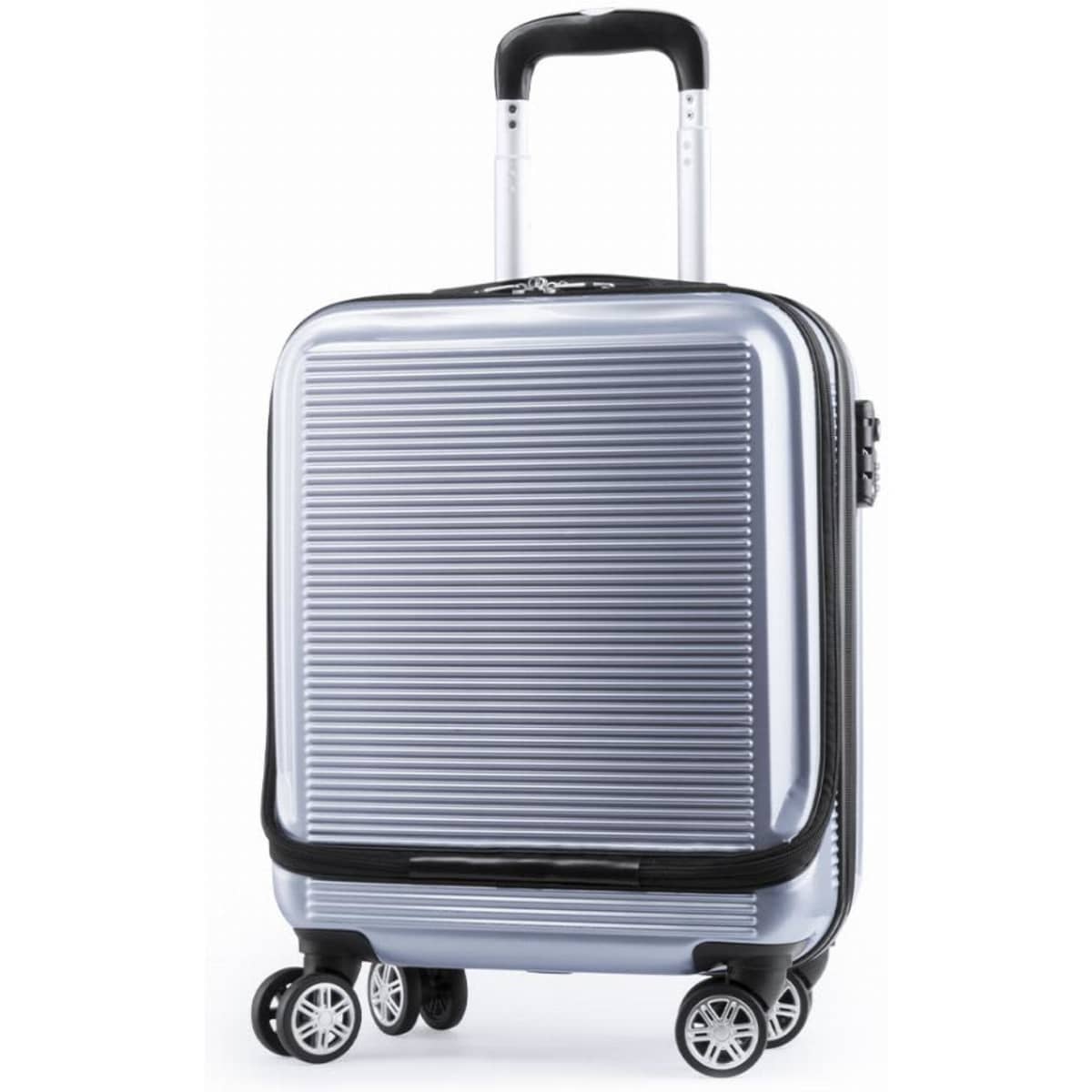 A silver suitcase with a ribbed design, featuring a retractable handle and four wheels for easy manoeuvrability.