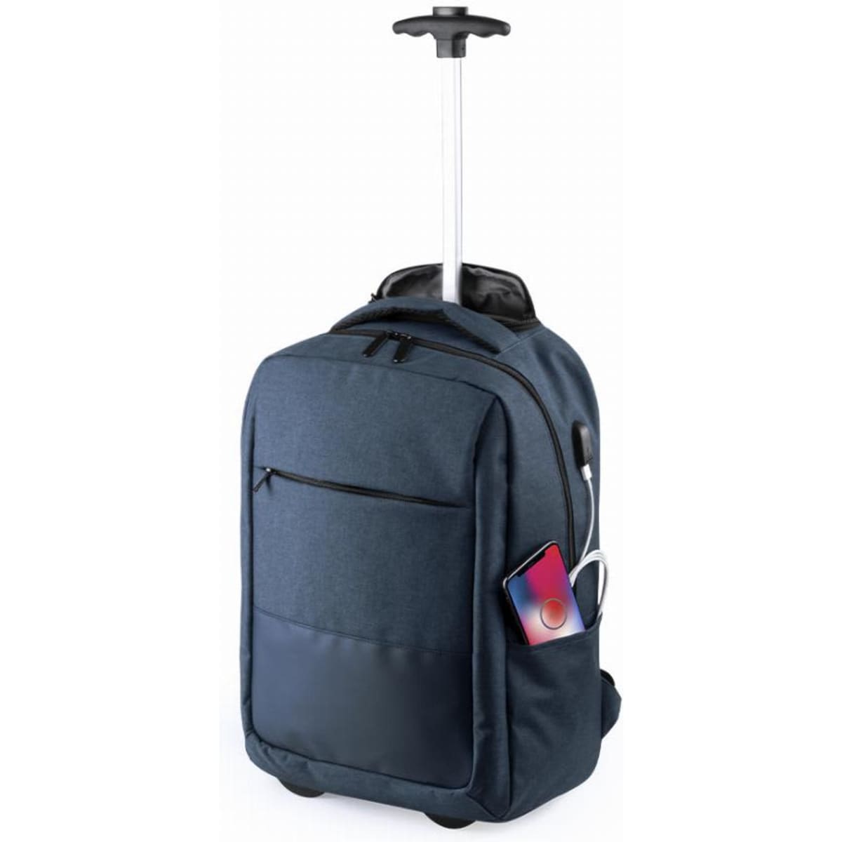 A dark blue wheeled backpack with a telescopic handle and a front zip pocket, featuring a mobile phone in a side pocket.