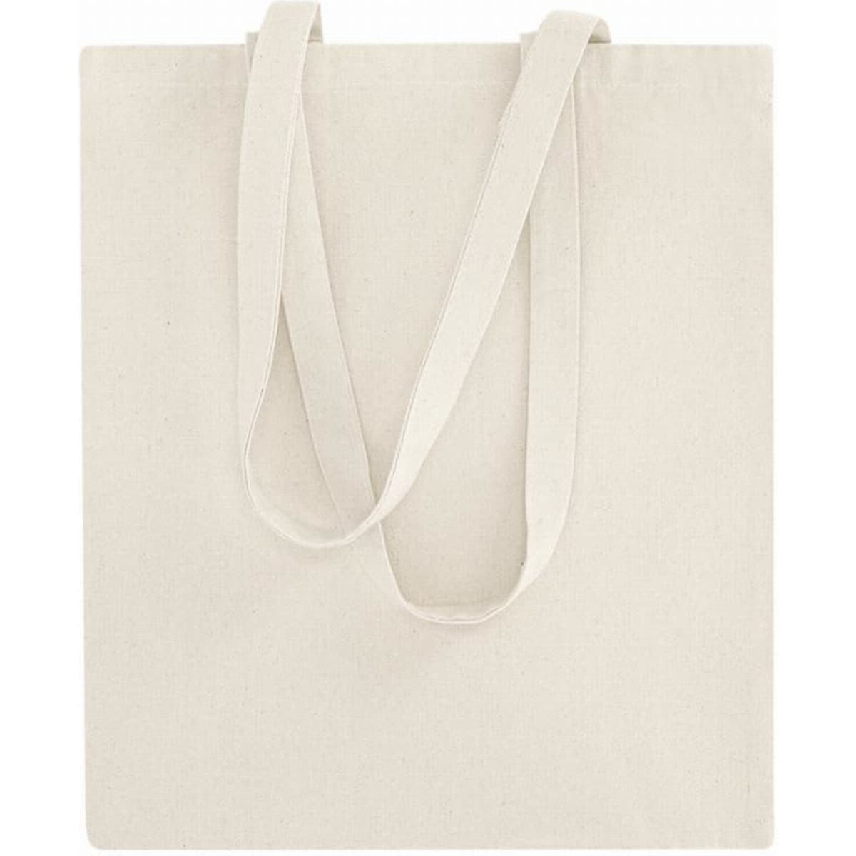 A cream-coloured tote bag with long handles, featuring a simple and minimalist design.