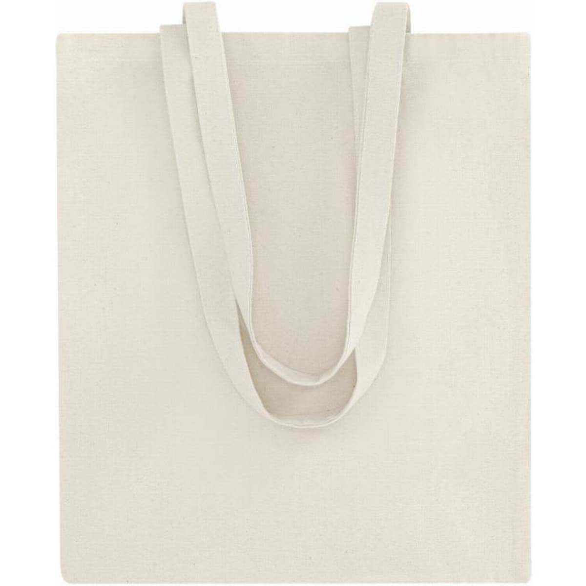 A canvas tote bag in natural beige with two sturdy handles for carrying.