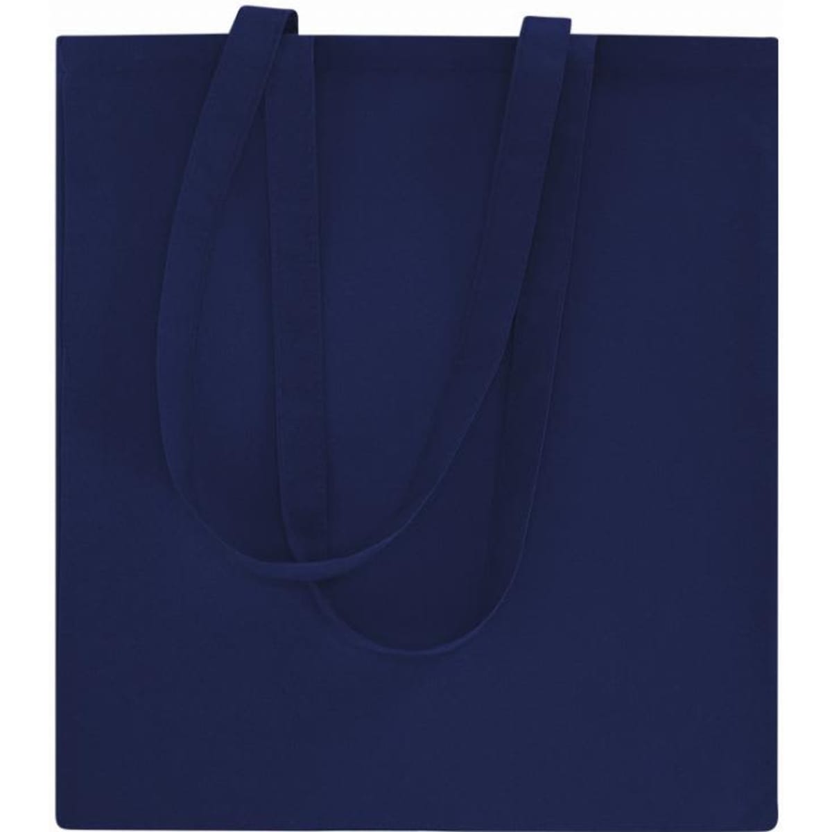 A navy blue tote bag with two long handles and a plain, sleek design.