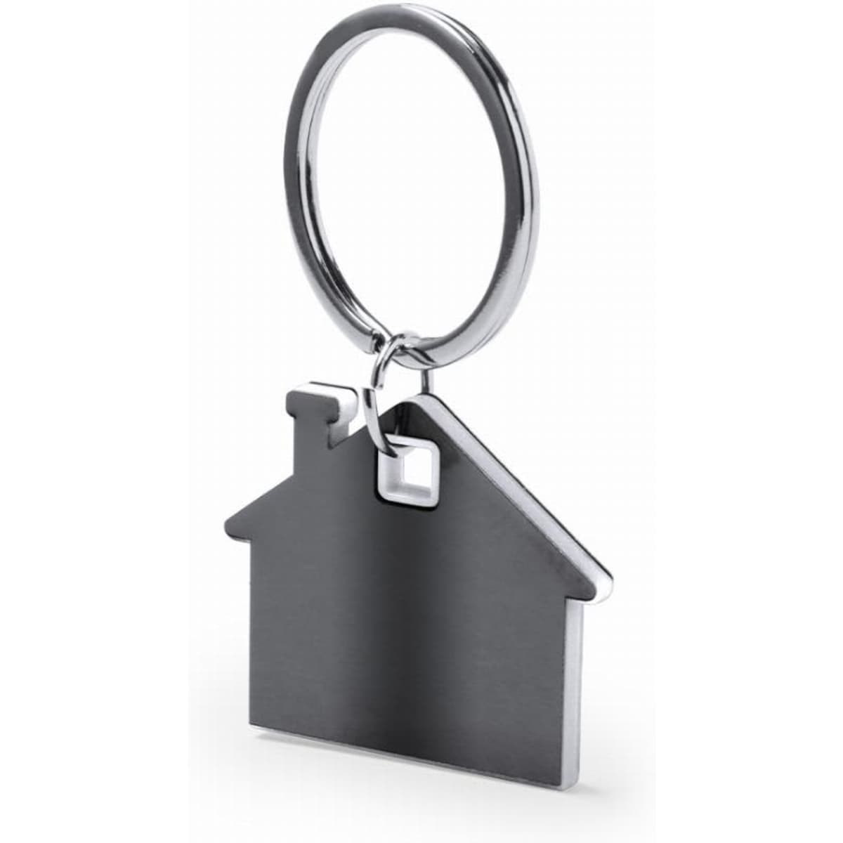 A keyring shaped like a house, featuring a shiny silver finish and a smooth, flat surface.
