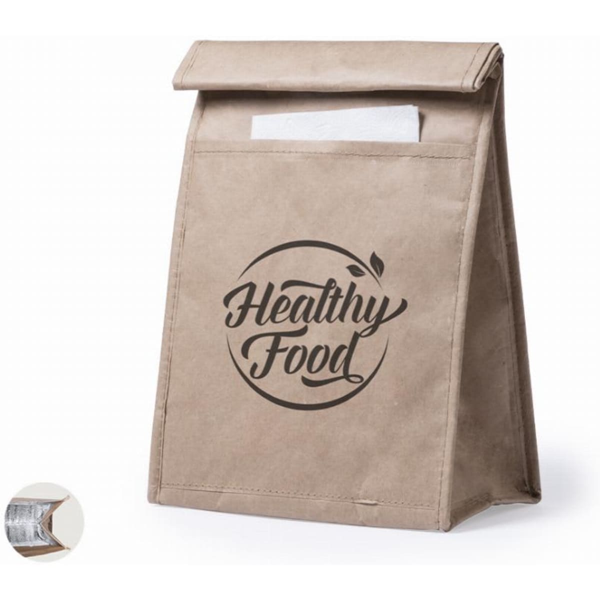 A brown paper bag with a folded top and a logo featuring the words "Healthy Food".