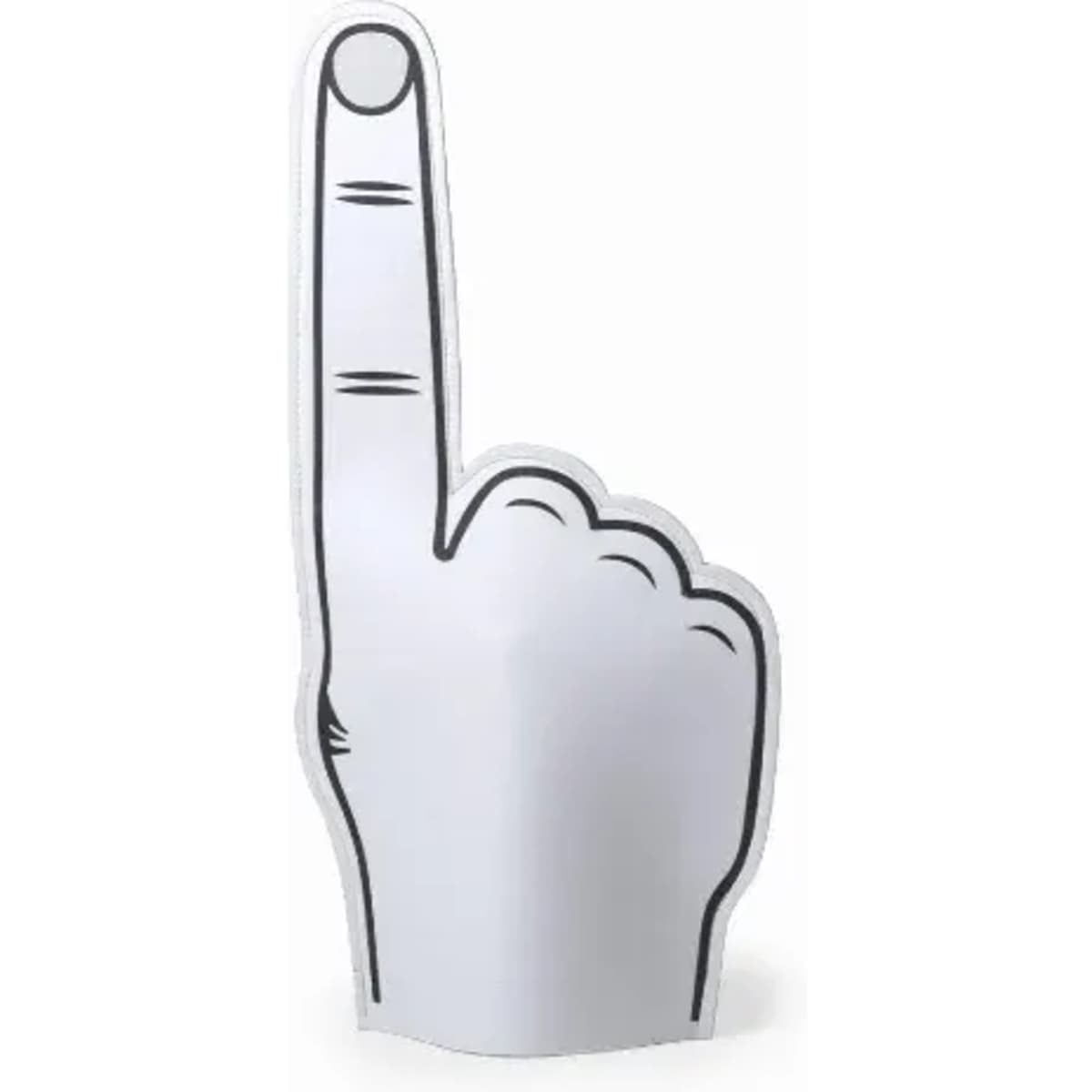 A foam hand shaped like a raised index finger, predominantly white with black outlines.