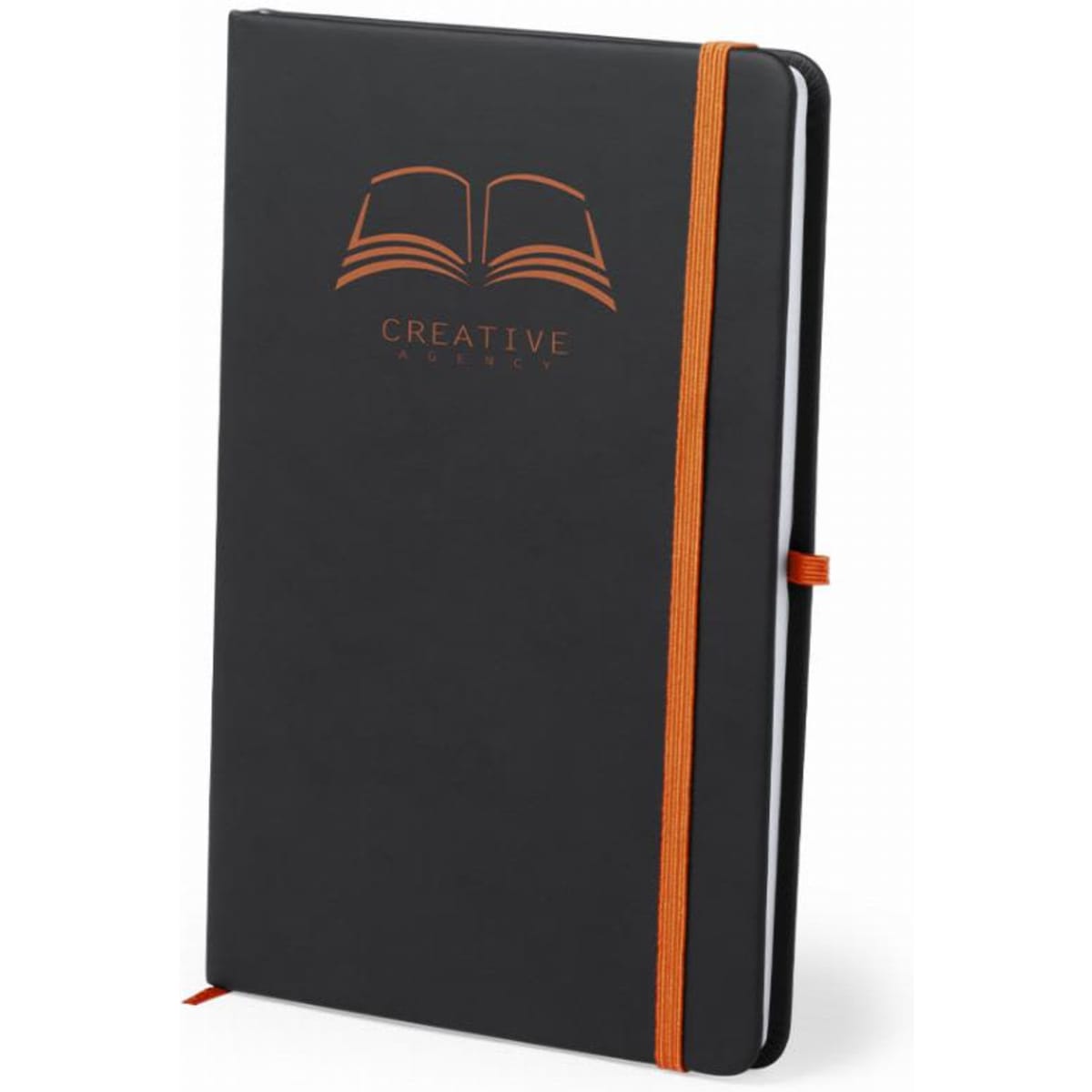 A black notebook with an orange elastic band and an embossed design of an open book on the cover.