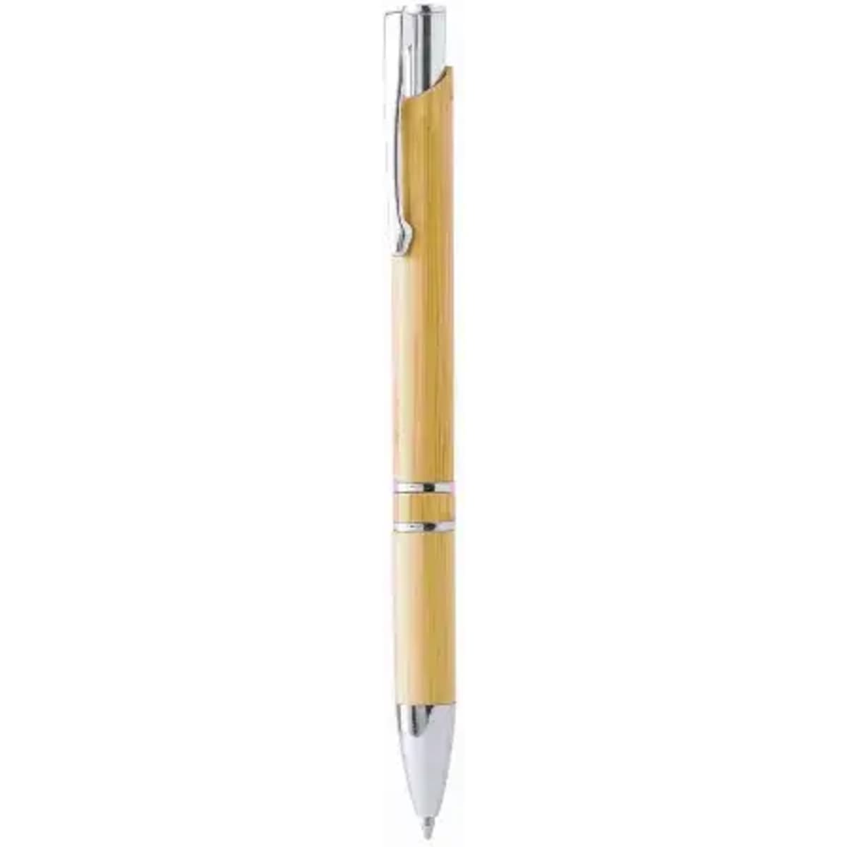 A pen with a bamboo barrel and silver accents, featuring a clip and a shiny tip.