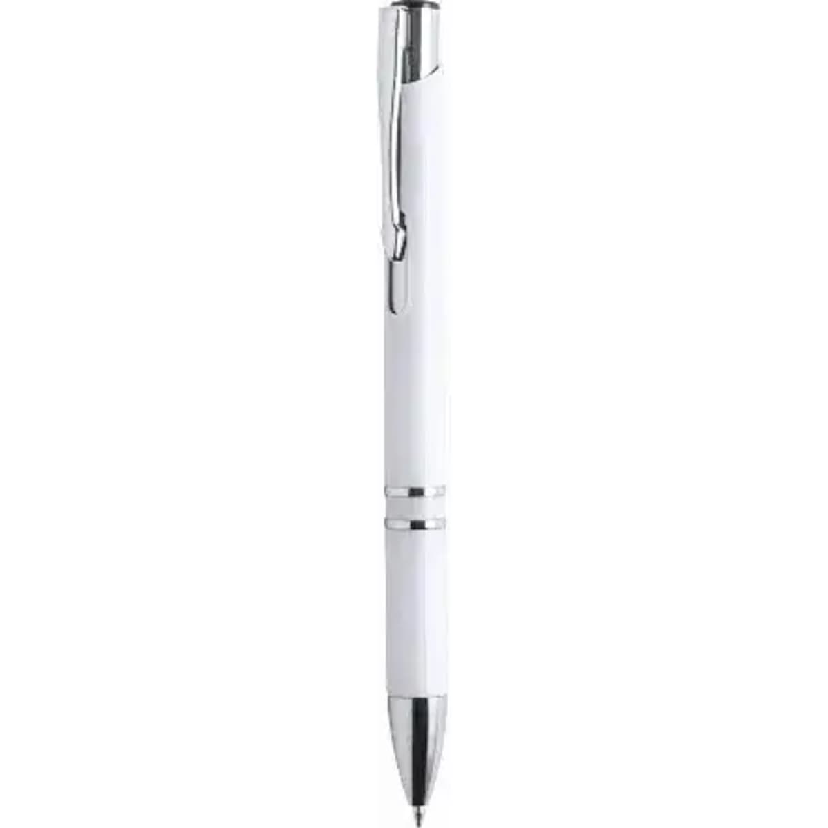 A white pen with chrome accents and a clip on top, featuring a smooth, sleek design.