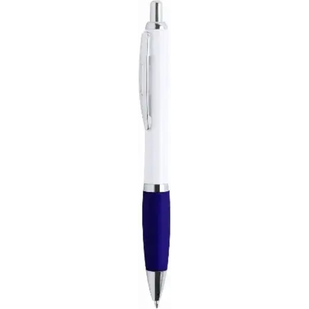 A pen with a white barrel, blue grip, and chrome accents, featuring a logo on the barrel.