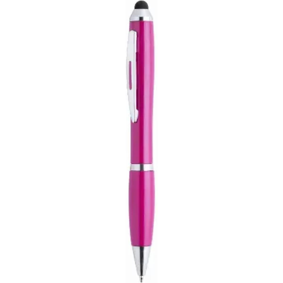 A pink pen with a shiny finish, featuring a silver clip and tip. It has a stylus on the top.