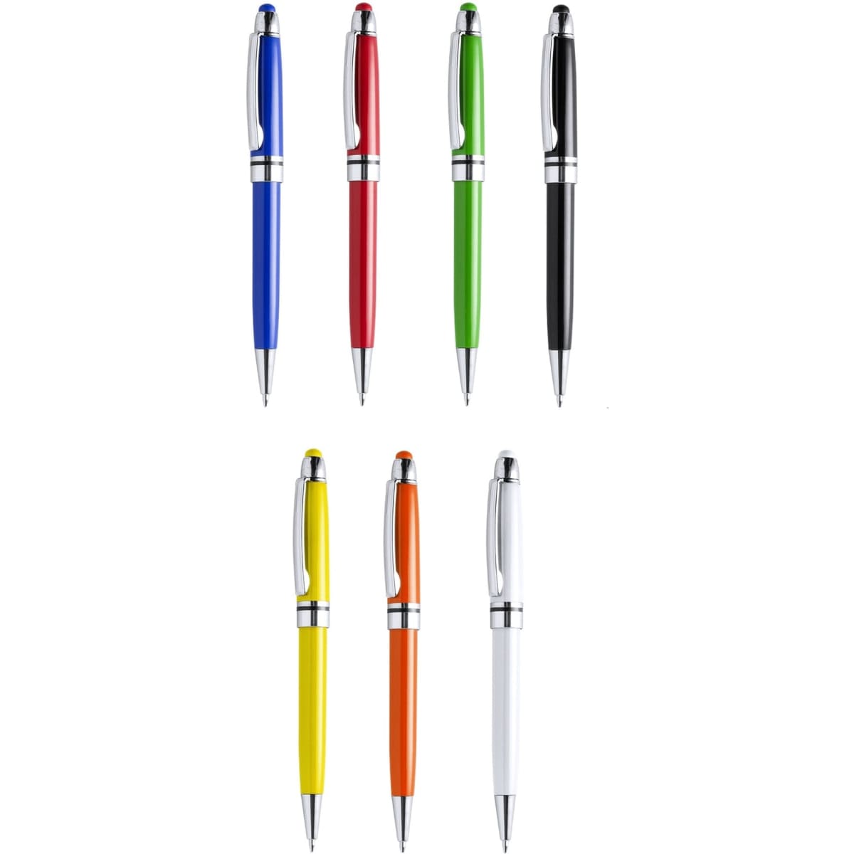 A collection of eight pens in blue, red, green, black, white, orange, yellow, and brown, featuring chrome accents.