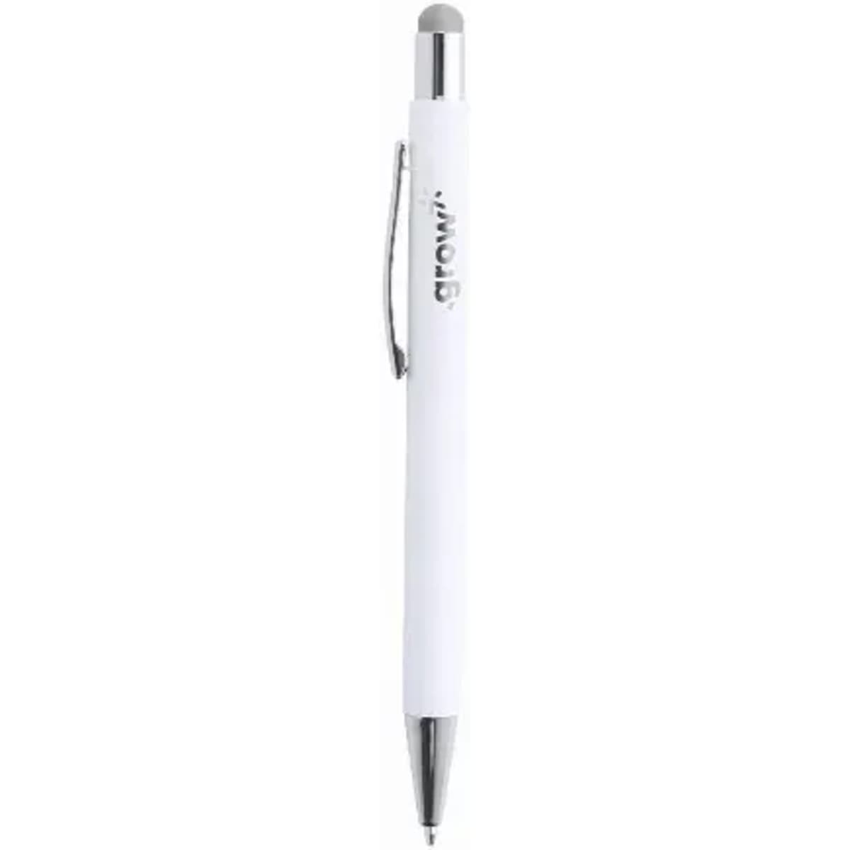 A white pen with a silver clip and a stylus tip. It features a branding logo.