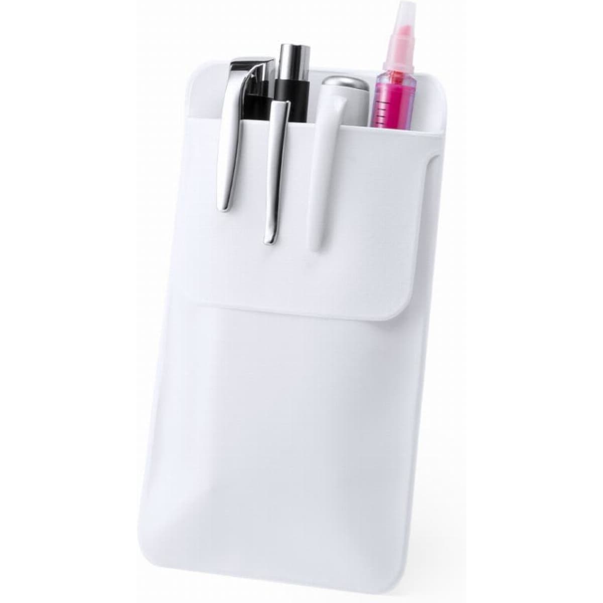 A white pen holder featuring multiple compartments for pens and markers. It has a sleek design and an integrated branding logo.