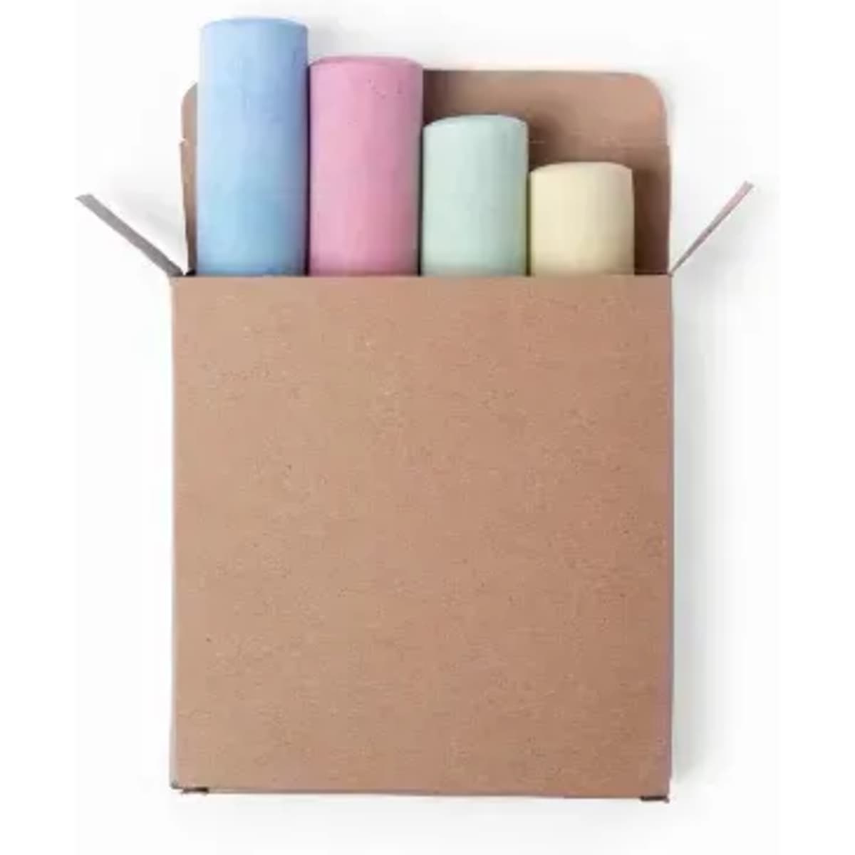 A cardboard box containing four rolls of pastel-coloured paper: blue, pink, green, and yellow.