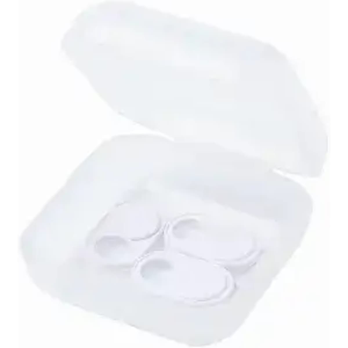 A clear, square container with a lid holding three small white items inside.