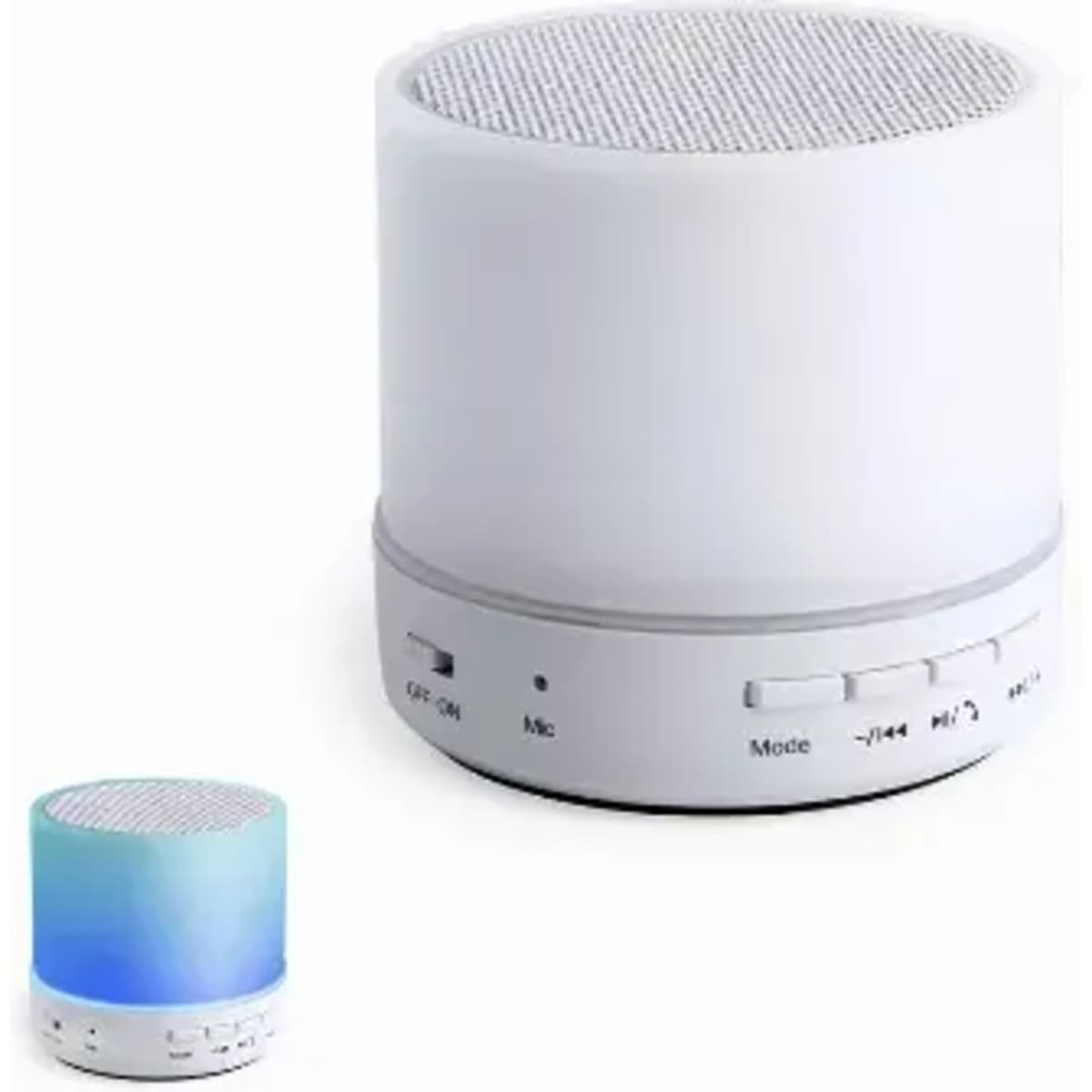 A portable speaker with a cylindrical white design and multicoloured light feature, showcasing two sizes.