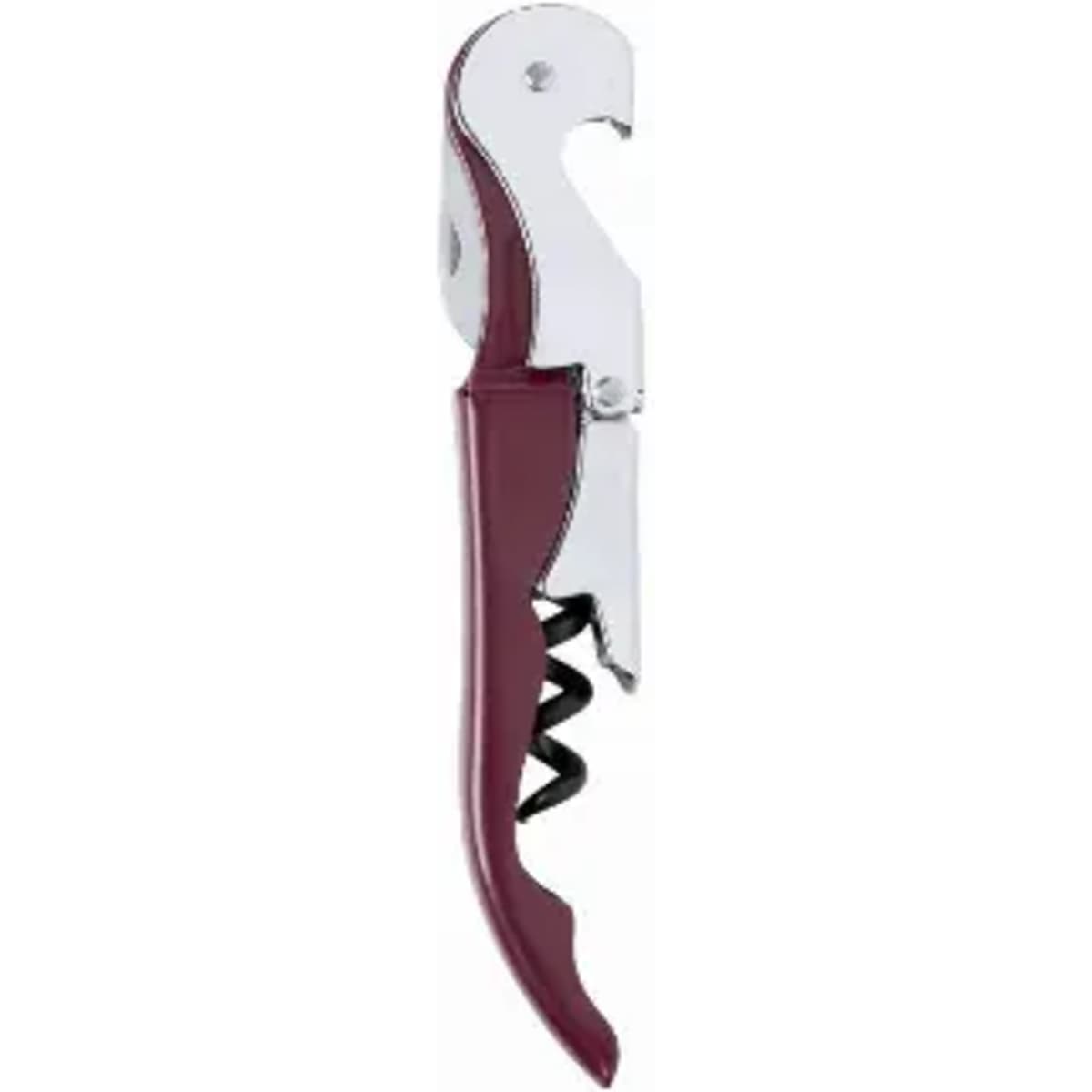 A corkscrew with a burgundy handle and chrome accents, featuring a spiral cork remover and bottle opener.