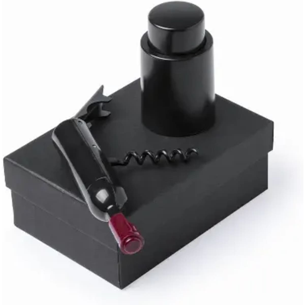 A black drink bottle and corkscrew sit atop a black gift box, featuring a sleek and modern design.