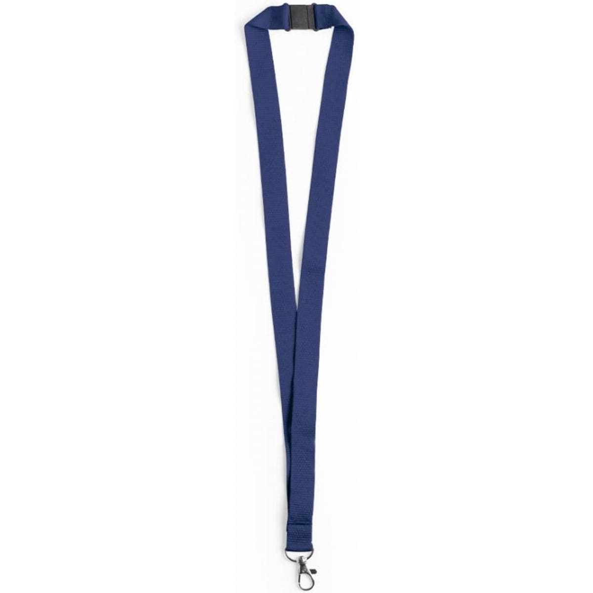 A lanyard in navy blue with a clip for attaching items. The fabric is smooth and has a sturdy design.
