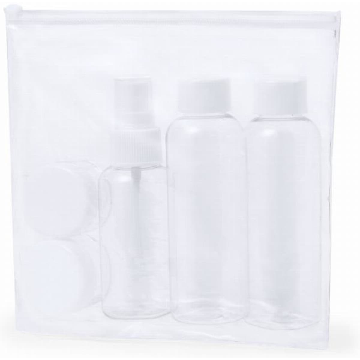 A clear toiletry bag containing three transparent bottles and two small containers with white caps.