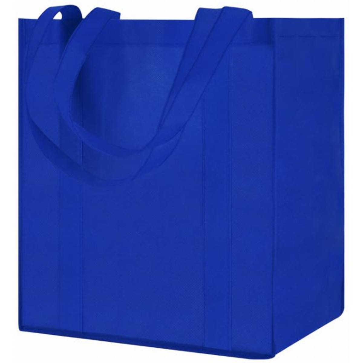 A blue tote bag with long handles, featuring a simple design and no visible text or branding.