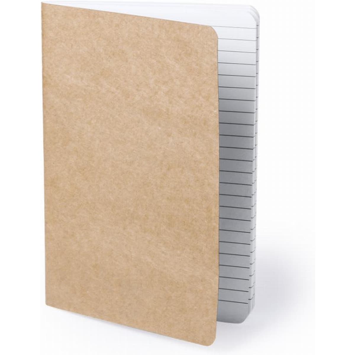 A notebook with a brown kraft cover and lined pages, featuring a simple design without any branding.